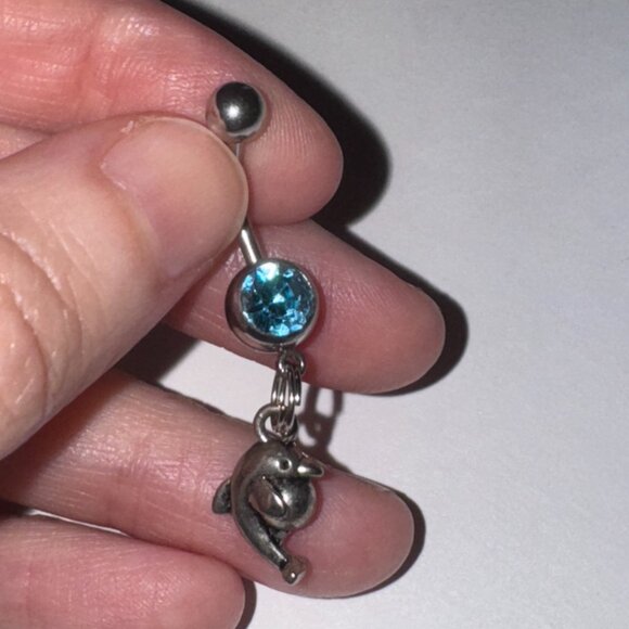 Aqua Blue Dolphin with Ball Dangle Belly Ring - Picture 9 of 16